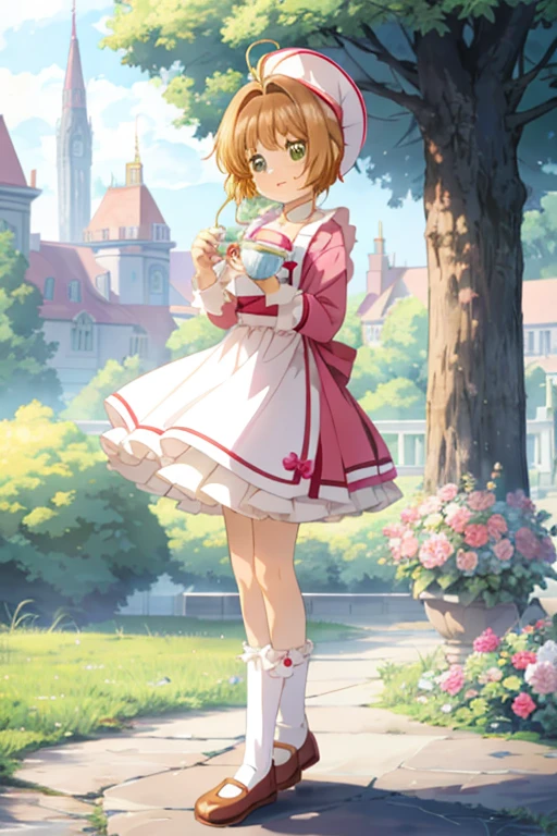 anime,cute, Large parks,A magical girl is drinking tea from a plastic bottle,6 year old girl,Short Bob Hair,Brown Hair,White Ruffled Apron Dress,Wear a petticoat,Wear knee-high socks,Your eyes are sparkling,Happy expression,Full body portrait,Beautiful background,High resolution backgrounds