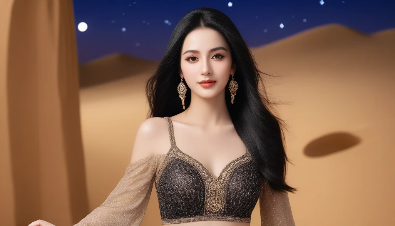 Beautiful woman in the Arabian Nights style。Dressed in gorgeous traditional Arabian attire。Background is desert and starry sky、View of an oasis in the distance。Wear exotic accessories、Long black hair swaying in the wind。Her eyes were deep brown.、Has a captivating smile。There was a magical light all around her.、It exudes a mysterious atmosphere、sexly、Erotic、chest、Big Breasts