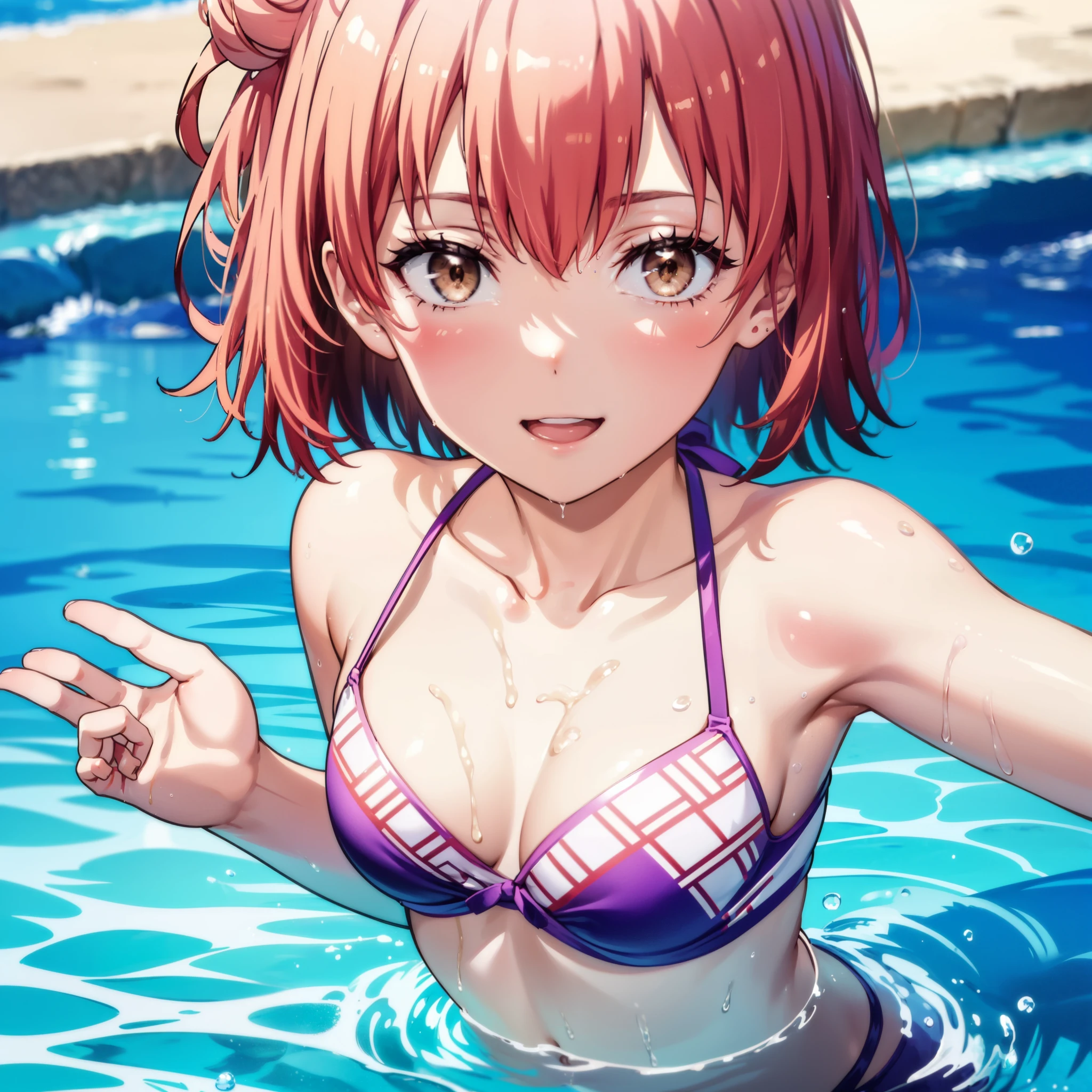yuiyuigahama, yui yuigahama, short hair, (Brown eyes:1.5), (Pink Hair:1.2), Hair Bun, single Hair Bun, happy smile, smile, Open your mouth,smile,Bikini Swimwear,barefoot,Wet Skin,Wet Hair,Wet swimsuit,So that the whole body goes into the illustration,crowd, people々々,
break outdoors,Outdoor swimming pool,
break looking at viewer, Everyone,
break (masterpiece:1.2), Highest quality, High resolution, unity 8k wallpaper, (figure:0.8), (Beautiful attention to detail:1.6), Highly detailed face, Perfect lighting, Highly detailed CG, (Perfect hands, Perfect Anatomy),