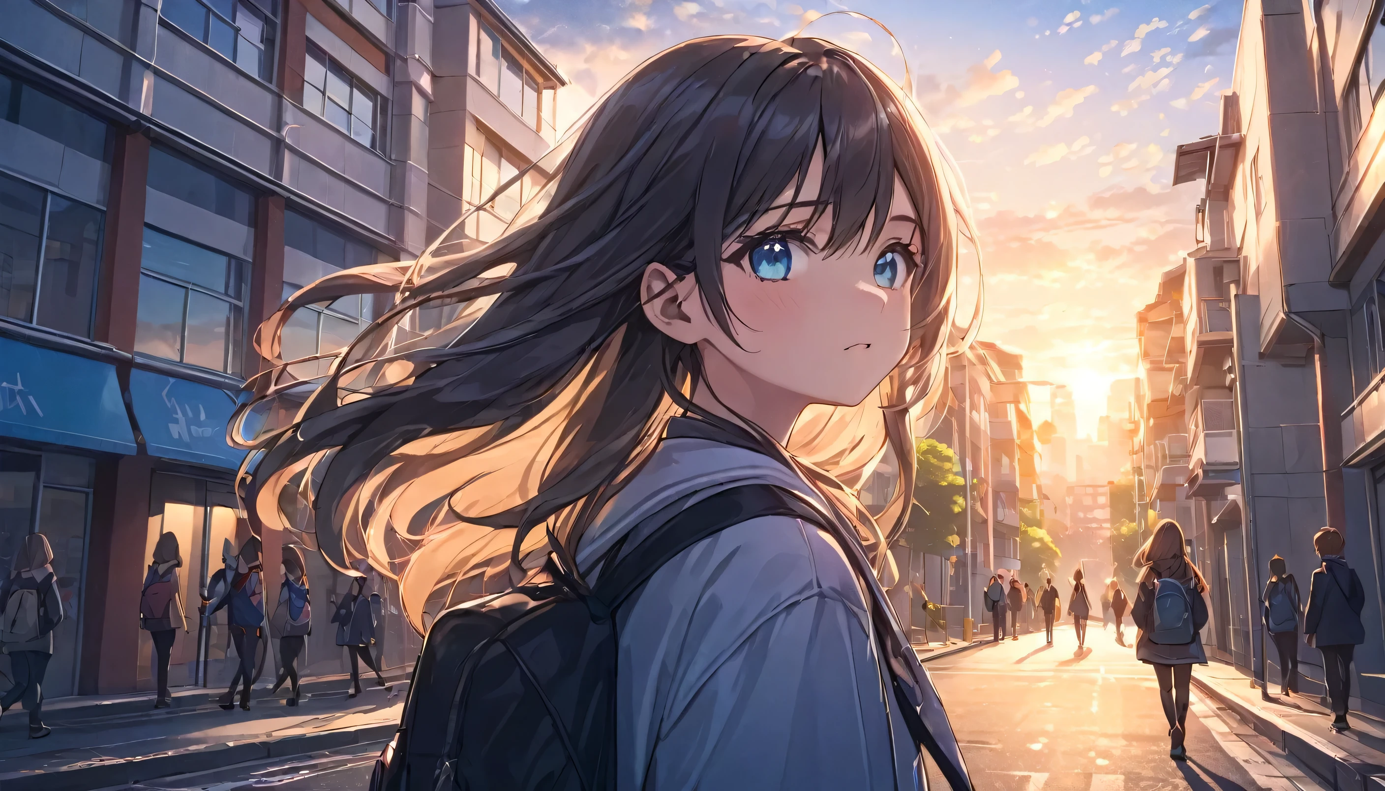 a girl in walking on the street in front of a school, anime style, cityscape in the distance, detailed face, beautiful eyes, long hair, detailed background, 4k, highres, photorealistic, vibrant colors, cinematic lighting, beautiful landscape, peaceful atmosphere