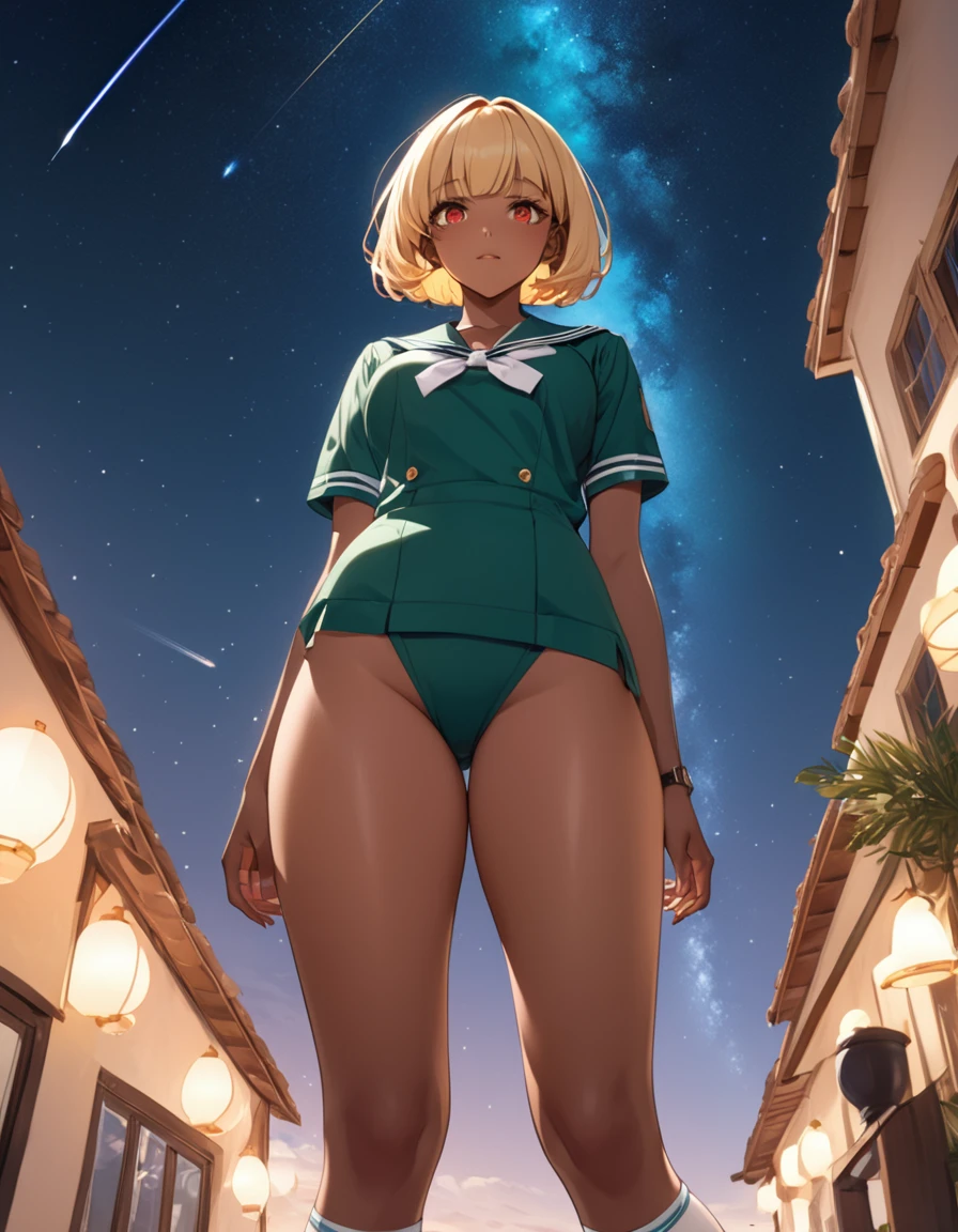 Highest quality, masterpiece, Ultra-high resolution, One girl,
Smooth blonde hair with dark roots Two-tone hair Blonde bob cut Slanted eyes Red eyes Crimson eyes Sparkling eyes drawn in detail Tanned skin Brown skin Chocolate skin Traditional sailor suit Dark green sailor suit White socks Loafers Low angle Aerial view from below y Best proportions Bright night sky A shooting star Standing with confidence Arms crossed