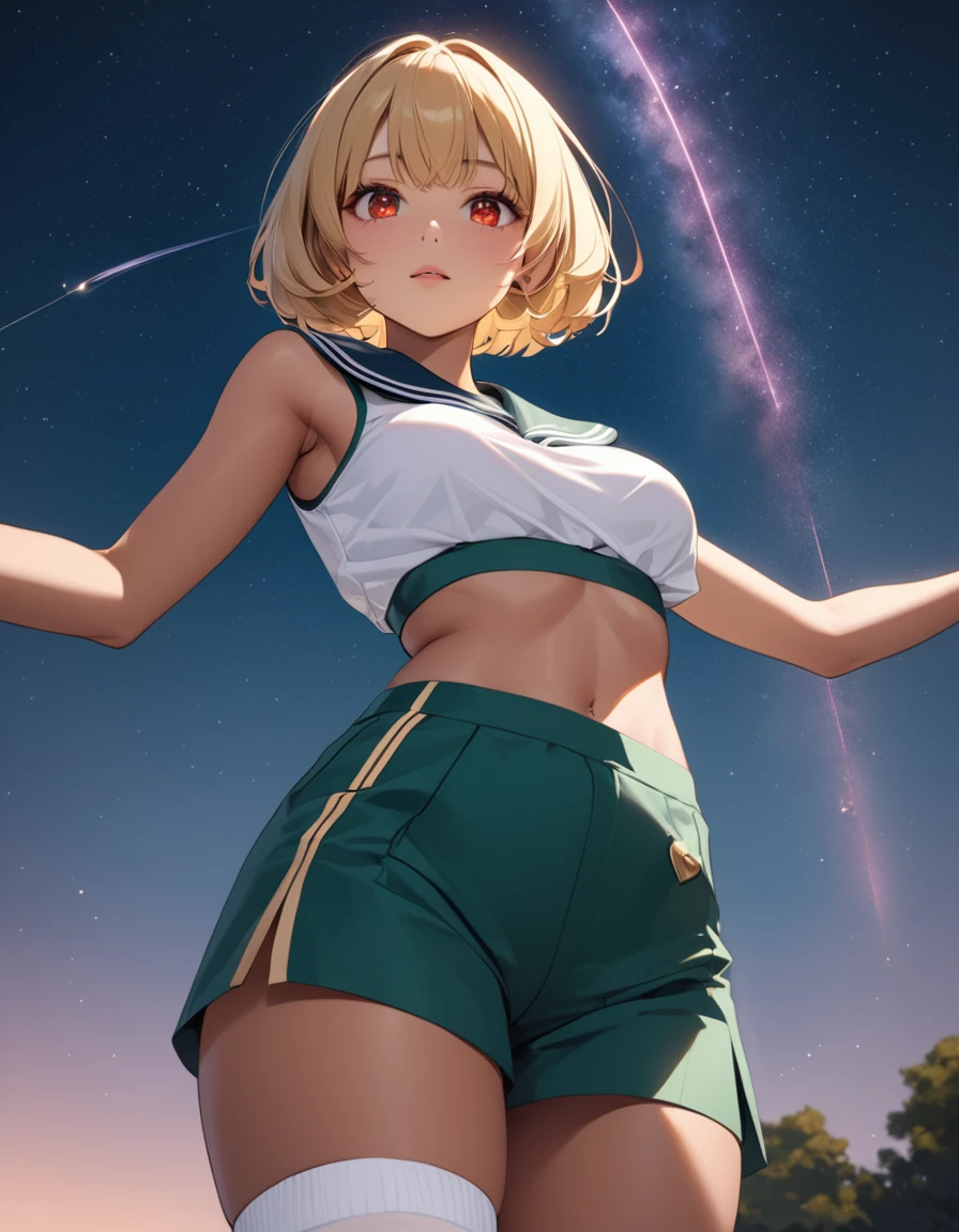 Highest quality, masterpiece, Ultra-high resolution, One girl,

Smooth blonde hair with dark roots Two-tone hair Blonde bob cut Slanted eyes Red eyes Crimson eyes Sparkling eyes drawn in detail Tanned skin Brown skin Chocolate skin Traditional sailor suit Dark green sailor suit White socks Loafers Low angle Aerial view from below Sexy Best proportions Bright night sky A shooting star Standing with confidence Arms crossed