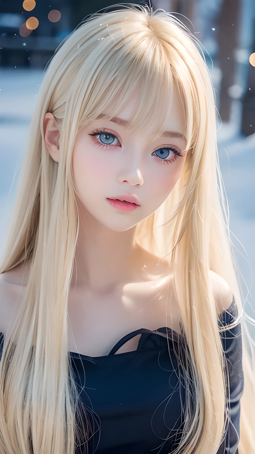 Very cute blonde girl、Very beautiful, large, bright, pale blue eyes、Gloss Face、Snow-white glossy skin、Cheek gloss、Super long hair、Ample Bust、Beautiful long bangs、Small Face Beauty、Very big eyes