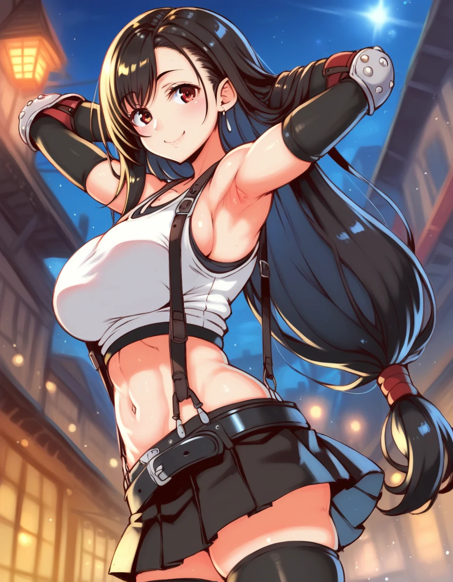 score_9, score_8_up, score_7_up,score_6, score_5,4k,rating_safe BREAK , (from below.from side,breast focus,standing,straight-on,(arms up,arms behind head.),,(upperbody),looking_at_viewer ,1girl, tifa lockhart, final fantasy, tareme,black hair, low-tied long hair, red eyes, bangs, (white tank top, belt, pleated skirt, thighhighs, elbow fingerless gloves, elbow pads, midriff, navel,suspender skirt) ,large_breasts,(light smile),,,Solo,,(daytime and bar and city),detailed skin,(best quality),(aesthetic,very aesthetic),UHD,HDR,intricate detailed,anime,highly detailed,sharp focus,depth of field,,professional lighting,cinematic lighting, dancing breast,
