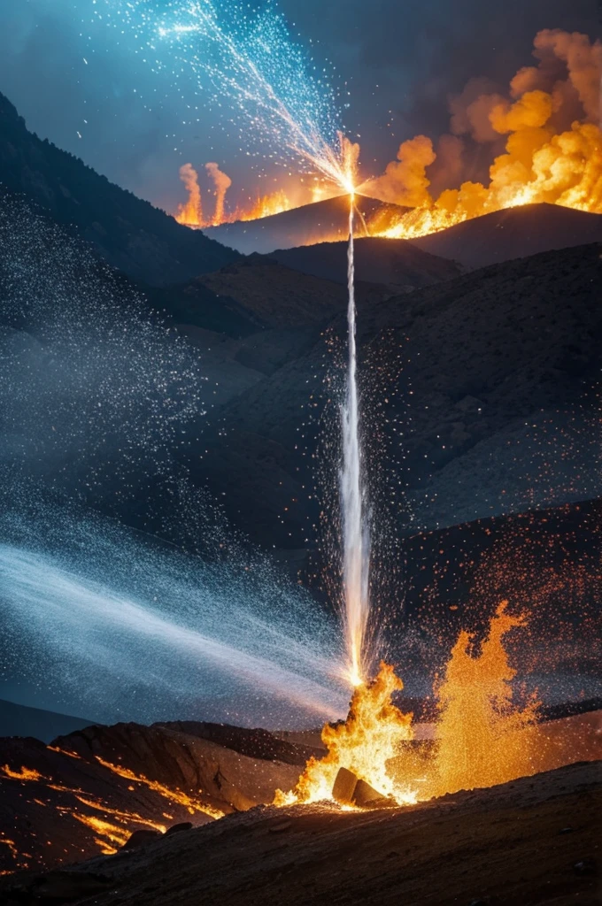 Please, create an image of a mystical projectile that combines the four elements: land, water, air and fire. The core of the projectile must be solid and rocky, with brown and gray colors. From the core emanates a trail of burning flames with red colors., Orange, yellow and blue sparkles. around the projectile, there must be a moving air effect, with blue or transparent lines representing wind currents. Besides, gotas de water y una neblina fina deben rodear el proyectil, condensing in the front and evaporating near the fire. The image must convey power, dynamism and a harmonious balance between the elements.