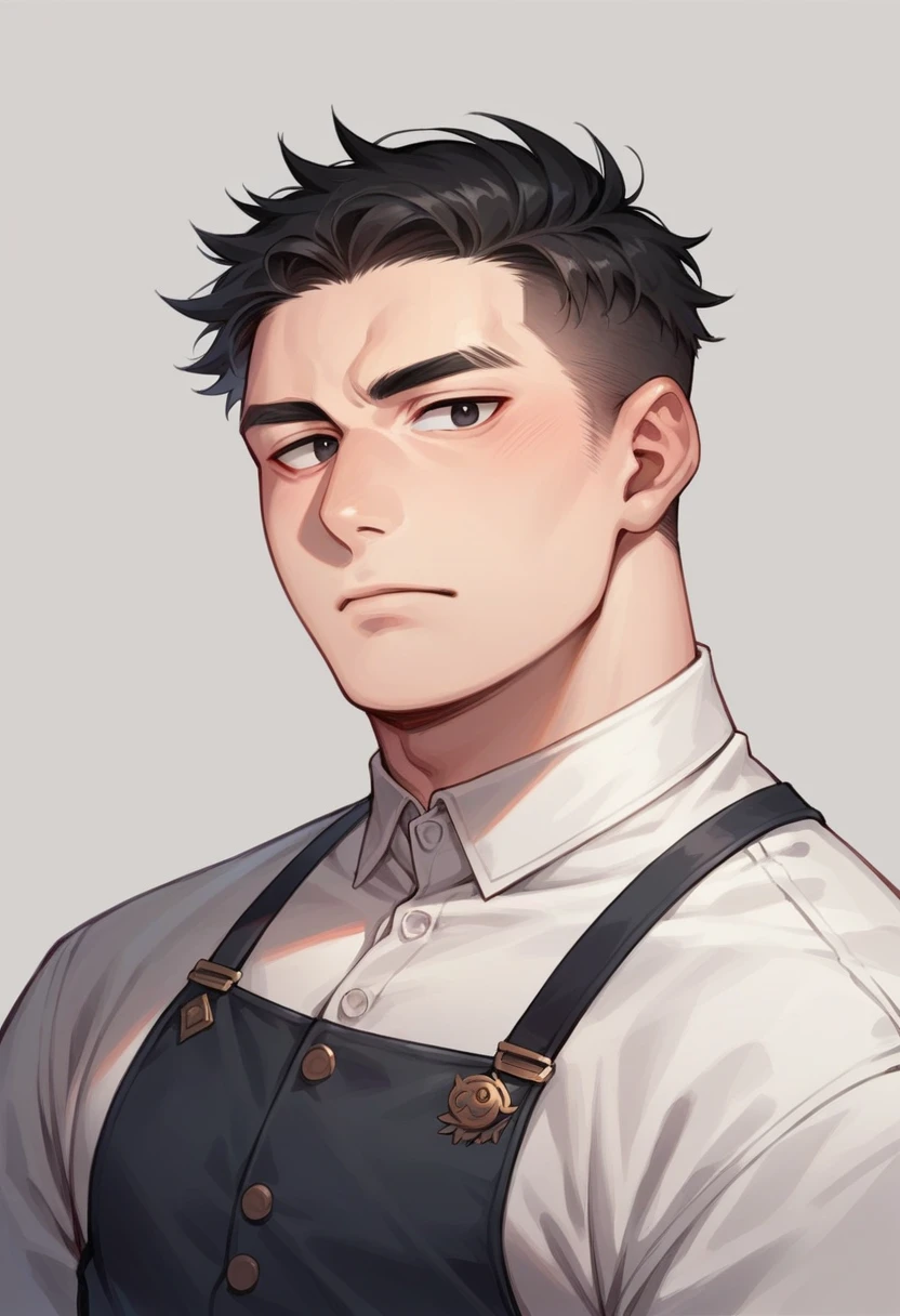 Male Face Portrait of a Black-Haired Boy Korean cut , Black Eyes and Fierce Look, Chubby in Student Clothes, Spectacles , Anime Style 