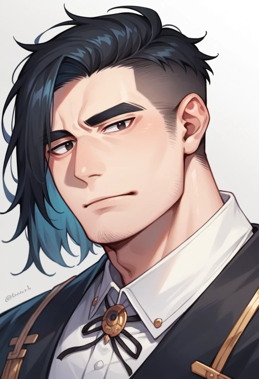 Male Face Portrait of a Black-Haired Boy Korean cut , Black Eyes and Fierce Look, Chubby in Student Clothes, Spectacles , Anime Style
