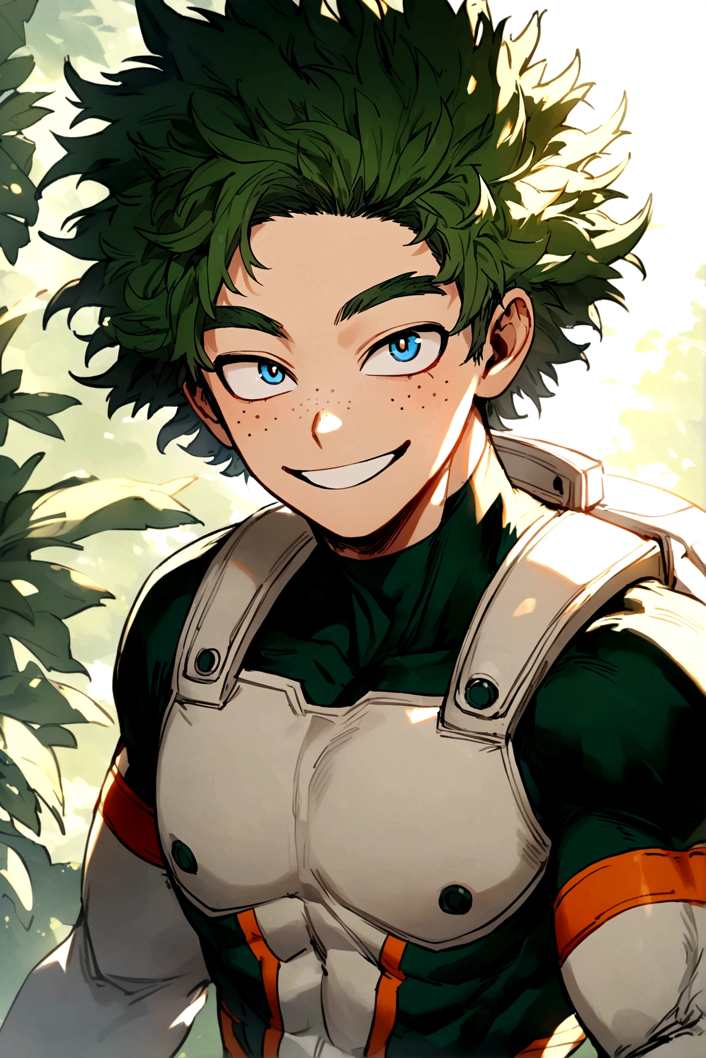 My hero academia, boy with green messy hair with blue eyes and freckles, smiling