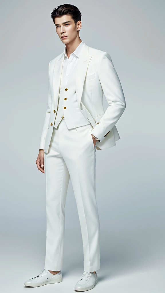 a tall boy with perfect skin a perfect face with 8k quality posing in a white suit  