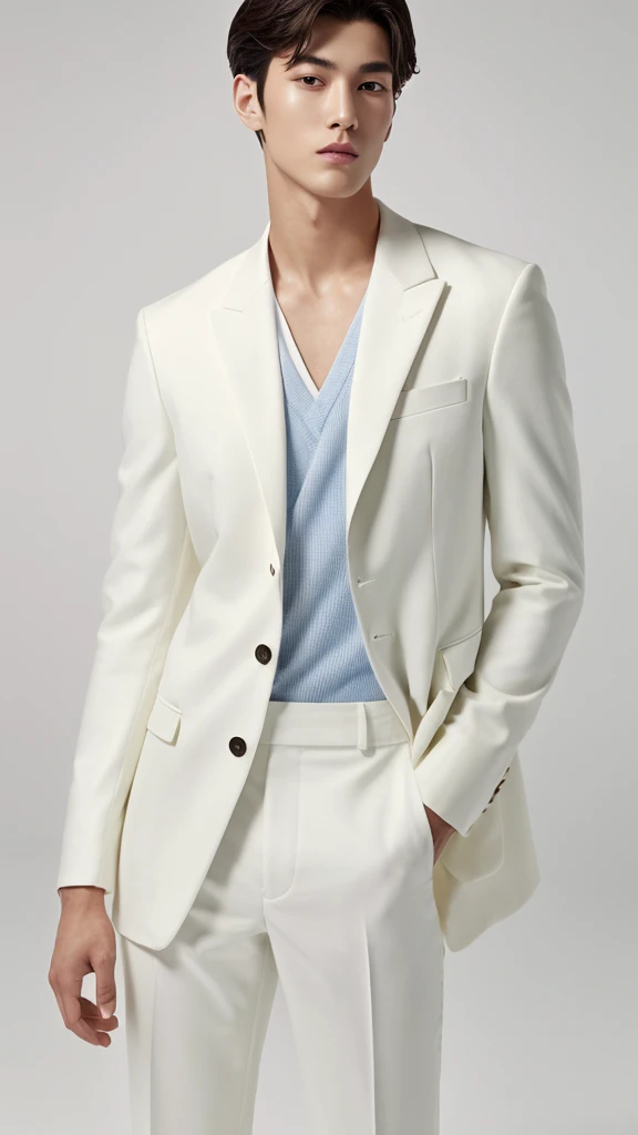 a tall boy with perfect skin a perfect face with 8k quality posing in a white suit  