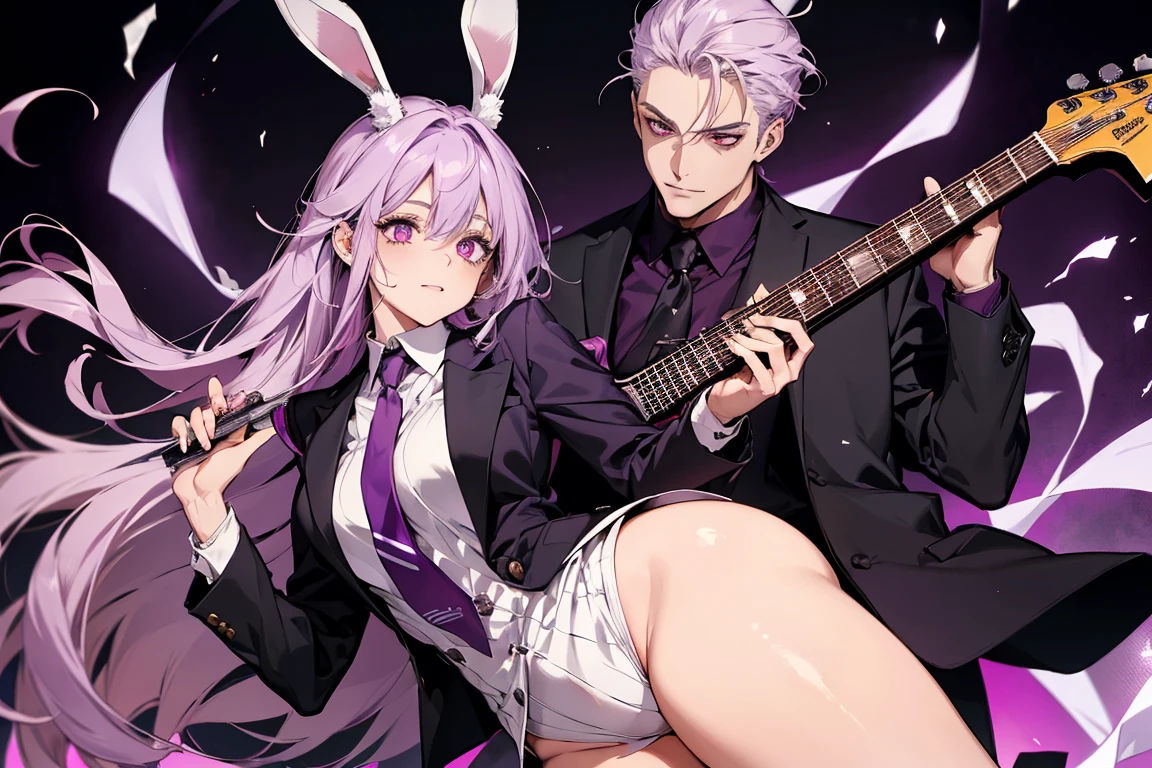 1 female, maestro, wearing a black suit, light purple tie, sin shorts, you can see his naked ass, Thick, light purple hair, wide, light purple rabbit ears, light red eyes, face to detail, detailed eyes, the background is a pizzeria, happy, playing a red guitar.