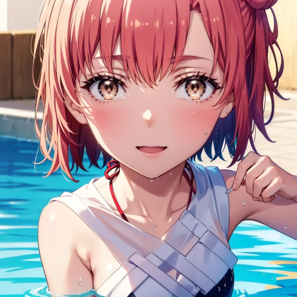 yuiyuigahama, yui yuigahama, short hair, (Brown eyes:1.5), (Pink Hair:1.2), Hair Bun, single Hair Bun, Big Breasts,happy smile, smile, Open your mouth,smile,Bikini Swimwear,barefoot,Wet Skin,Wet Hair,Wet swimsuit,So that the whole body goes into the illustration,crowd, people々々,
break outdoors,Outdoor swimming pool,
break looking at viewer, Everyone,
break (masterpiece:1.2), Highest quality, High resolution, unity 8k wallpaper, (figure:0.8), (Beautiful attention to detail:1.6), Highly detailed face, Perfect lighting, Highly detailed CG, (Perfect hands, Perfect Anatomy),