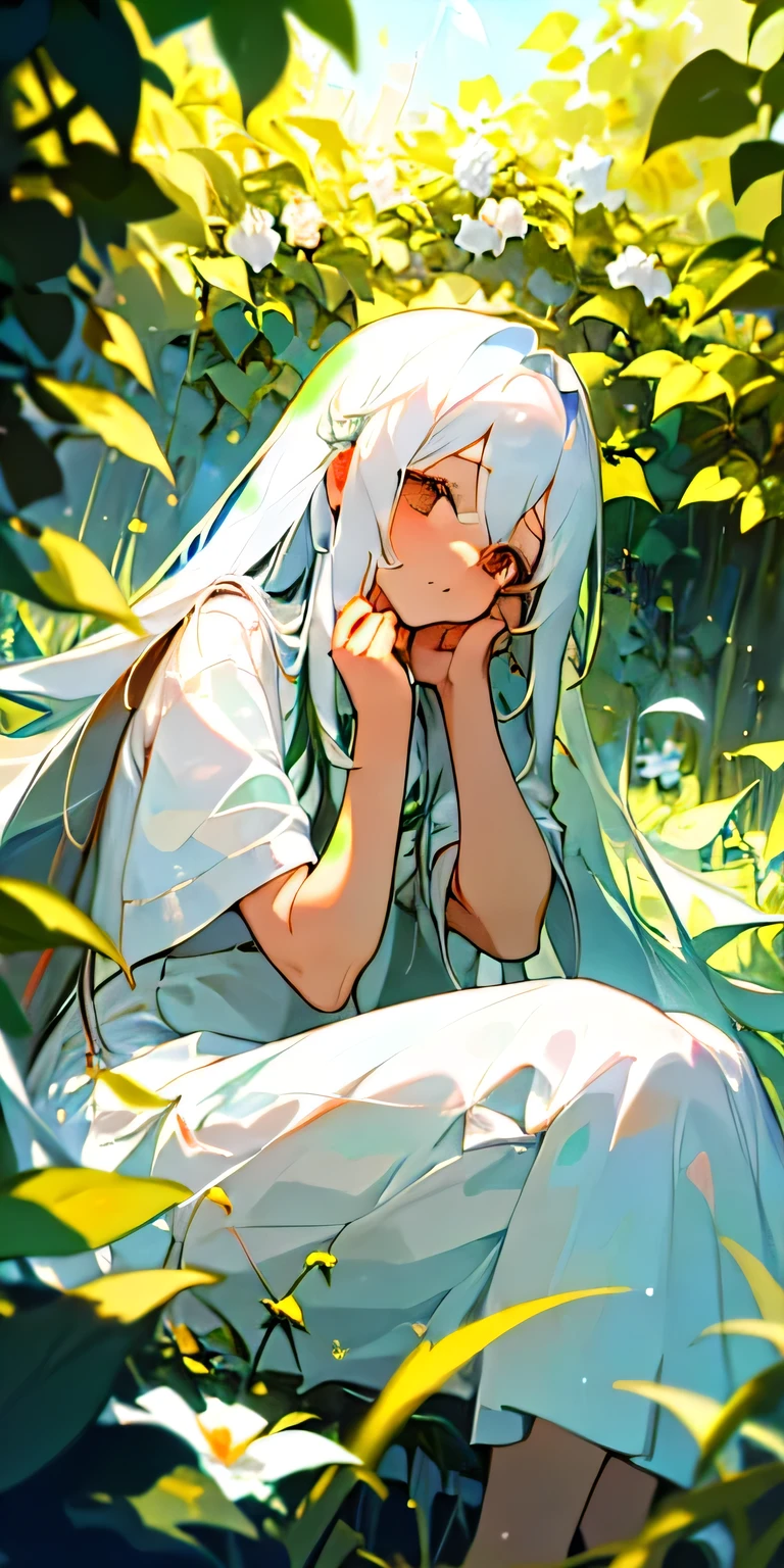 (masterpiece, Highest quality),One girl with long white hair sitting in a field of green plants and flowers, She placed her hand under her chin, Warm lighting, White Dress, Blurred foreground