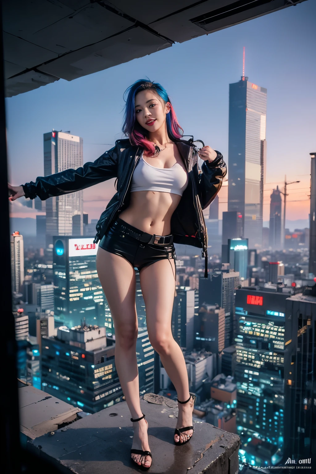 (RAW Photos, Highest quality, masterpiece:1.2), (Actual, photo-Actual:1.4),(masterpiece:1.4),(Highest quality:1.4), ((Cyberpunk Girl)), ,Short length white shirt,Fur-trimmed down jacket with open hood,Red mini skirt,((Dynamic Pose)), (((Cyberpunk cityscape background))), Hair Intake, ((Shapeless long hair)), View your viewers, smile, (((Upper Leg gap))), Upper Leg, Very long hair, Multicolored Hair, Alice \(Nod\),(Glowing Skin),Actual.