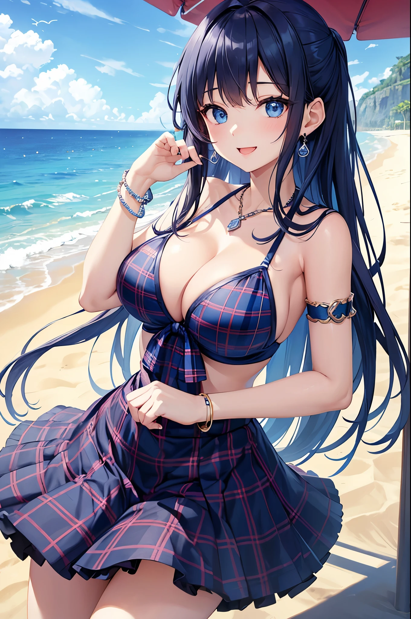 Highest quality、Highest quality、masterpiece、(8K),Beauty(Age 25)、Navy blue long hair、blue eyes、Sexy Bikini(Plaid)、Big cleavage、(Big Breasts)、smile、blue necklace、Blue Earrings、background(Beach)、Please open your mouth wide、White ribbon、bracelet、Dynamic pose