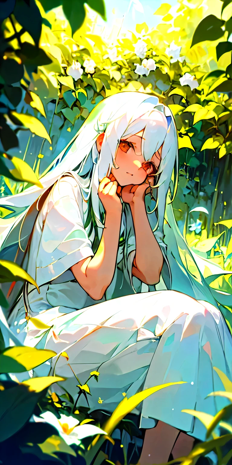 (masterpiece, Highest quality),One girl with long white hair sitting in a field of green plants and flowers, She placed her hand under her chin, Warm lighting, White Dress, Blurred foreground