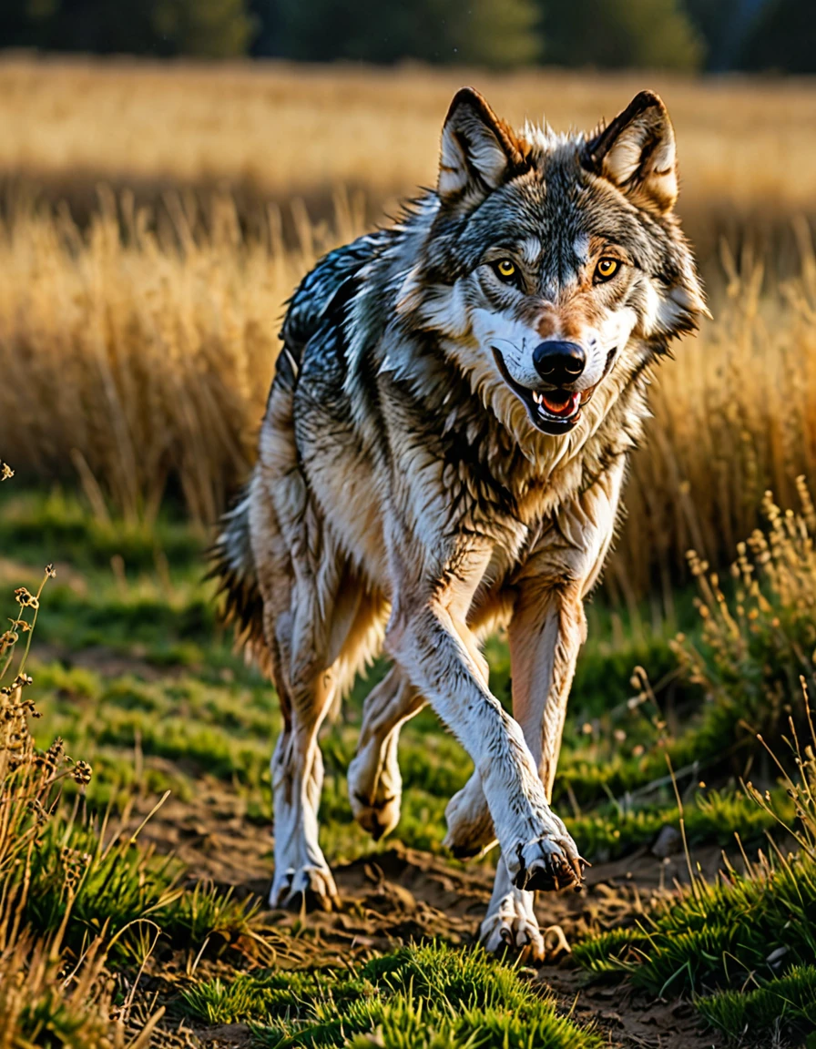 Professional photography, wolf, running, field, open field