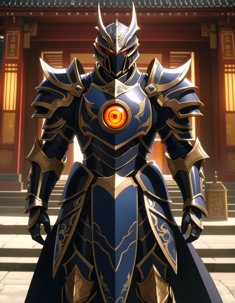 An epic dark paladin closeup, looking at the viewer, (Alone), Full light armor, black, golden edges, Dragon Eye Inlay Armor, Standing, full body shot, in a temple in the background, anime screencap, Masterpiece, The best quality, high detail