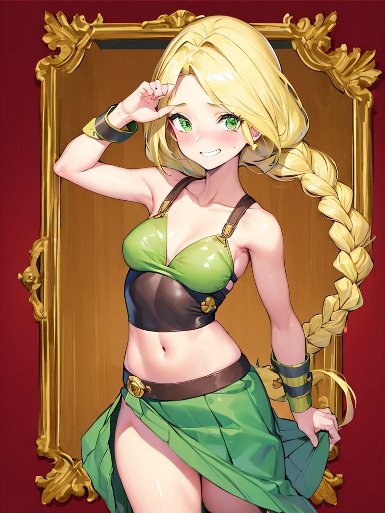 masterpiece,best quality,1girl,18yo,beautiful girl,BREAK,(Roll up the skirt yourself:1.6),navel exposed,BREAK,(Beautiful blonde,braid,Green Eyes:1.5),(Embarrassed smile:1.3),