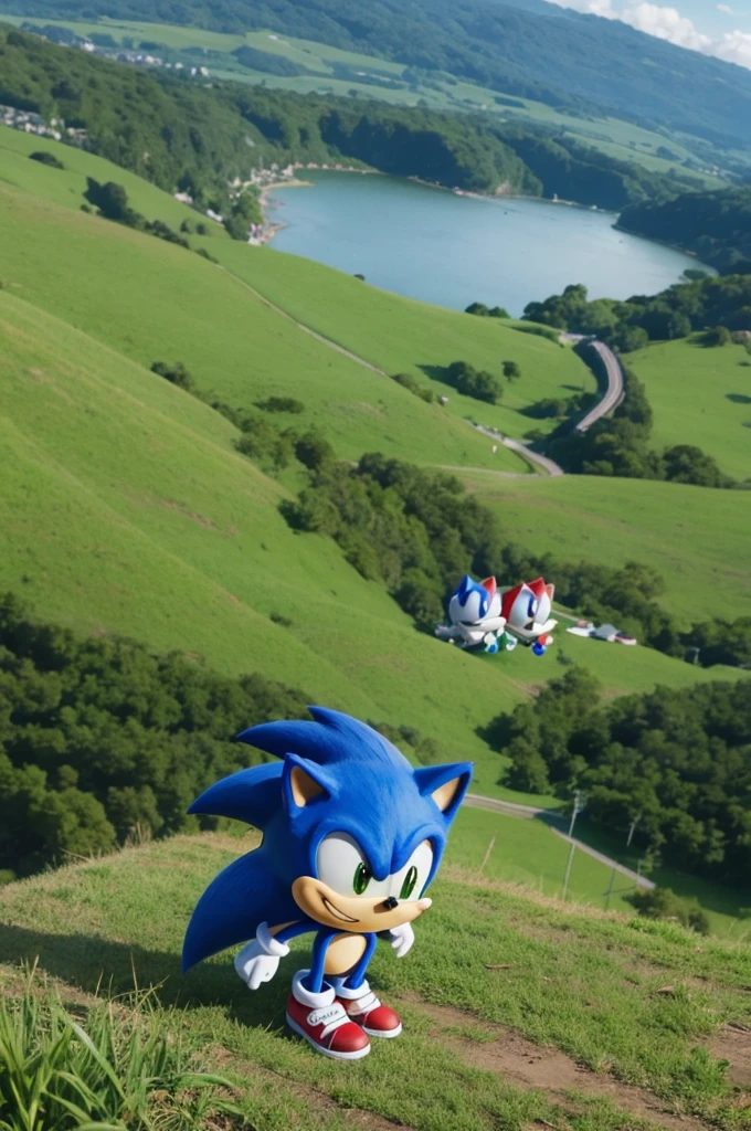 Sonic The Hedgehog, Chibi, green hill background
