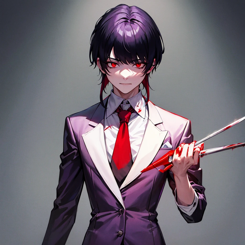 a psychopathic boy with a mullet haircut, wearing a suit, holding a bloody knife, slightly covered in blood, black hair with purple tips, red eyes, exhaling cigarette smoke, torso