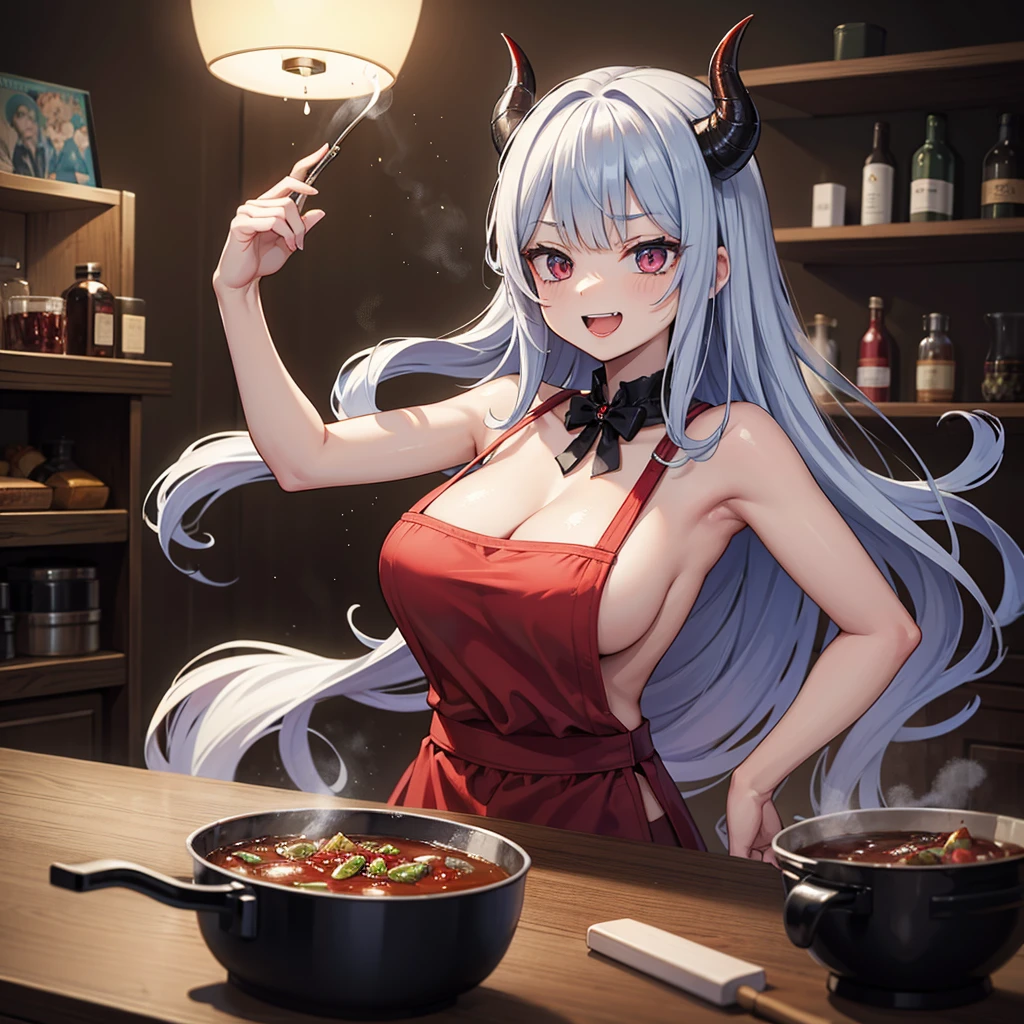 demon laughing and cooking the head of a young woman possessed by drugs, in a large pan, in the sauce several drug capsules and cigarette butts, a highly strong, macabre, and horror image,