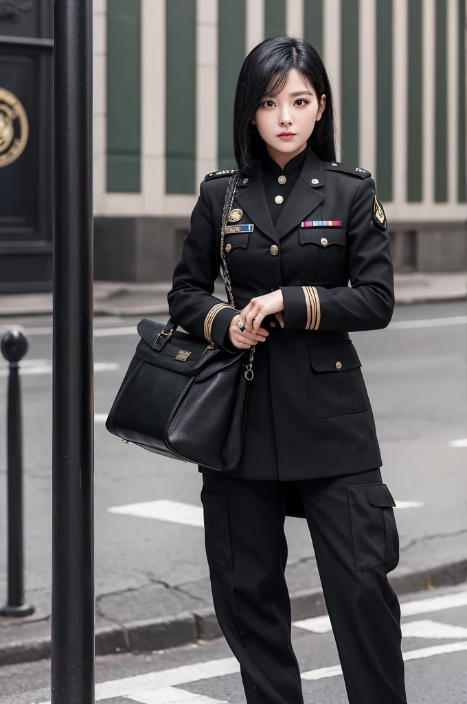 A woman wearing a black military uniform, 157cm tall and 37 years old, with black hair