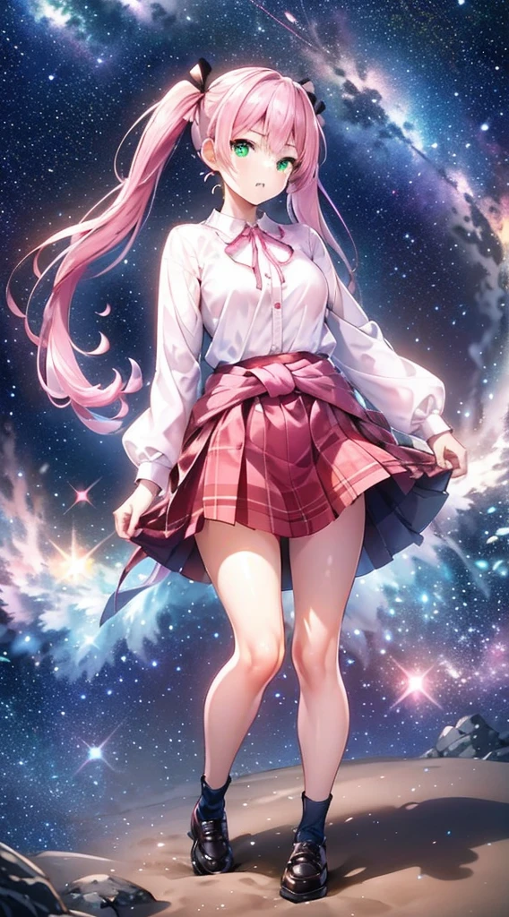 High detail, Super detailed, Ultra-high resolution, A girl having fun in a dreamlike galaxy, Surrounded by stars, The warm light that shines on her, Starry background with colorful galaxies and galactic clouds, The stars fly around her, Add a playful touch ,(((Long pink half-pigtails)))、solo、Green Eyes、skirt、(((The back hair spreads out)))、shirt、shoes下、Clothes around the waist、白いshirt、格子縞のskirt、Plaid、sleevesa rolled up、chest、襟付きshirt、ribbon、Knee-high、bangs、shoes、茶色のskirt、赤いribbon、プリーツskirt、Mouth closed、ネックribbon、Medium breast
