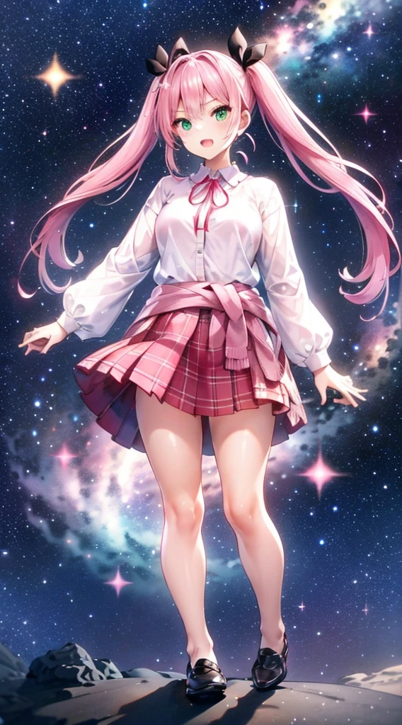 High detail, Super detailed, Ultra-high resolution, A girl having fun in a dreamlike galaxy, Surrounded by stars, The warm light that shines on her, Starry background with colorful galaxies and galactic clouds, The stars fly around her, Add a playful touch ,(((Long pink half-pigtails)))、solo、Green Eyes、skirt、(((The back hair spreads out)))、shirt、shoes下、Clothes around the waist、白いshirt、格子縞のskirt、Plaid、sleevesa rolled up、chest、襟付きshirt、ribbon、Knee-high、bangs、shoes、茶色のskirt、赤いribbon、プリーツskirt、Mouth closed、ネックribbon、Medium breast 