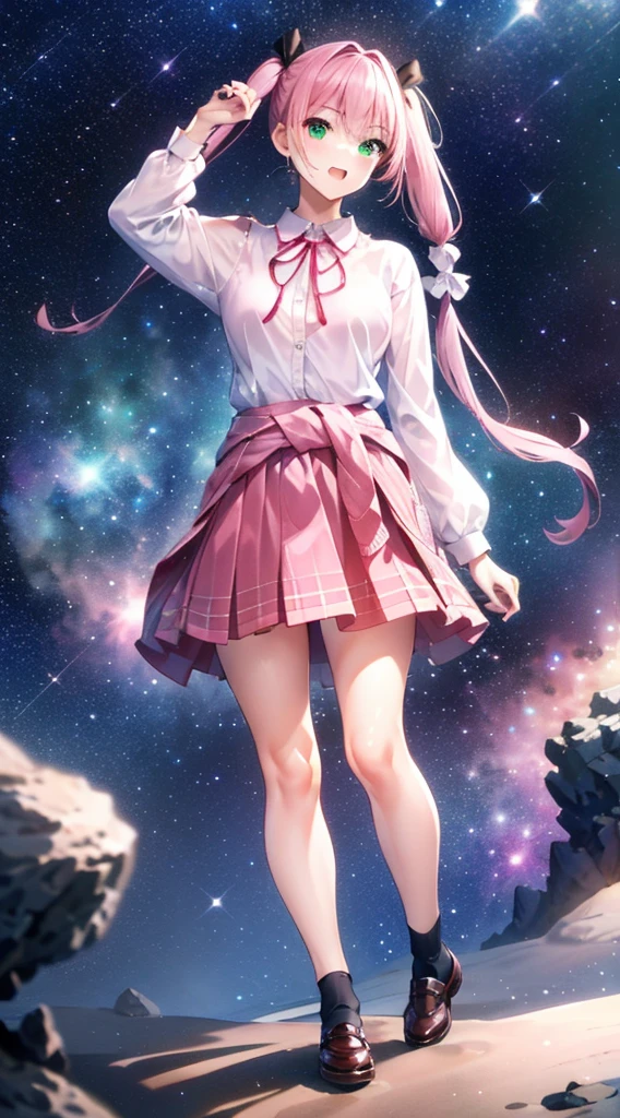 High detail, Super detailed, Ultra-high resolution, A girl having fun in a dreamlike galaxy, Surrounded by stars, The warm light that shines on her, Starry background with colorful galaxies and galactic clouds, The stars fly around her, Add a playful touch ,(((Long pink half-pigtails)))、solo、Green Eyes、skirt、(((The back hair spreads out)))、shirt、shoes下、Clothes around the waist、白いshirt、格子縞のskirt、Plaid、sleevesa rolled up、chest、襟付きshirt、ribbon、Knee-high、bangs、shoes、茶色のskirt、赤いribbon、プリーツskirt、Mouth closed、ネックribbon、Medium breast 