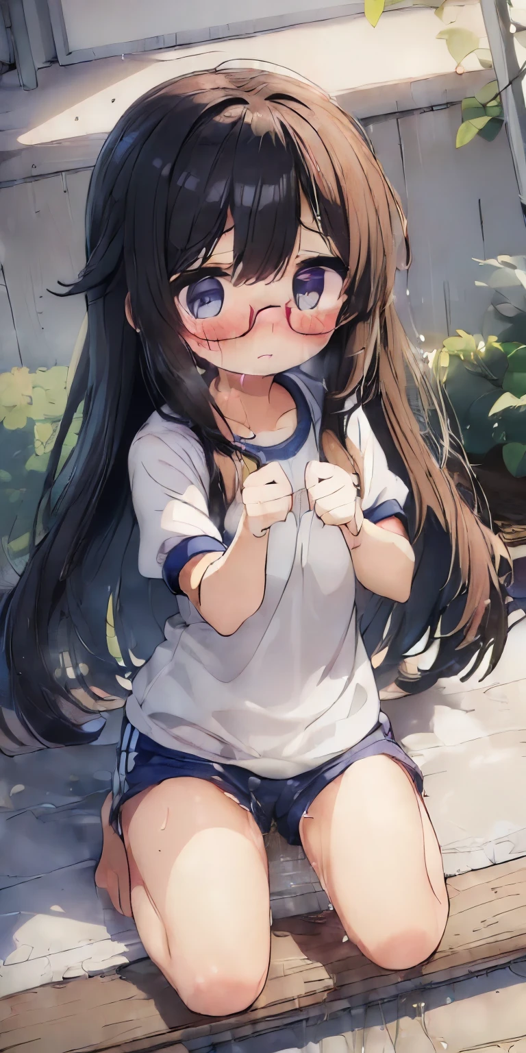 ((orgasm、blush:1.9)、Convulsions、Watery eye、Gym suit、(Navy shorts、Gym suitショートパンツ:1.3)、(Big red round glasses:1.2)、(Pee、Peeing:1.5)、masturbation、Overflowing love juice)