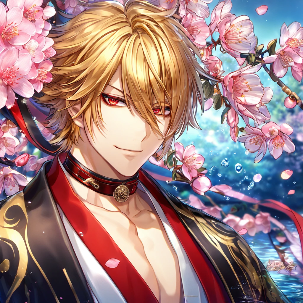 absurdres, highres, ultra detailed, HDR, master piece, Kazama Chikage, honey-blonde hair, expressive red eyes, a traditional white kimono with red trim, black collar, black haori with yellow trim on top of the kimono, Hakuouki, sexy man, handsome, best quality, blossoms, pink petals, pink flowers, fantasy, magical, blue shining fireflies, solo, water, smirking