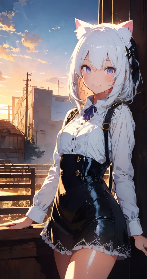 (((masterpiece))), (((Highest quality))), ((Very detailed)), ((Very detailedなイラスト)), ((Ultra-fine painting)), (16K Highest quality wallpaper:1.4), (Detailed and elaborate illustration style,:1.8) Detailed skin texture, High quality fabric, , (T-masterpiece), (Very detailedな顔:1.4), original, RAW Photos, Professional, Intricate details, Very detailed, Direct sunlight:1.6, ,(Cowboy Shot:1.9)、(Perfect Anatomy:1.4), (Extremely elaborate hands:1.2), (Very elaborate fingers:1.2), (Very elaborate fingers先:1.2),, (alone:1.6), (beautiful and adorable cat ears:1.6), (Intricate and delicate cat ears:1.4), (beautiful, Shiny white hair:1.6), (Very fine and delicate white hair:1.4),, (Very detailedな顔:1.4),(Light purple eyes:1.4),(smile:1.4),, Movie stills, One girl, Cloud Girl, Floating in the sky, close, bright, Happy, Warm and soft lighting, sunset, (spark:0.7)