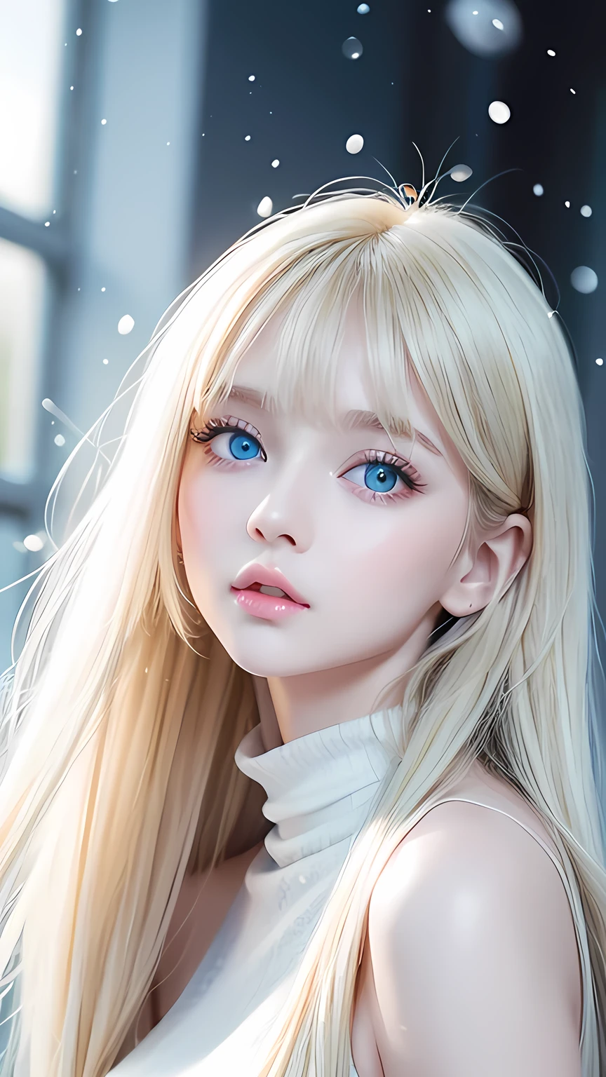 Very cute blonde girl、Very beautiful bright pale light blue large eyes、Gloss Face、Snow-white glossy skin、Cheek gloss、Super long hair、Ample Bust、Beautiful long bangs、Small Face Beauty、Very big eyes