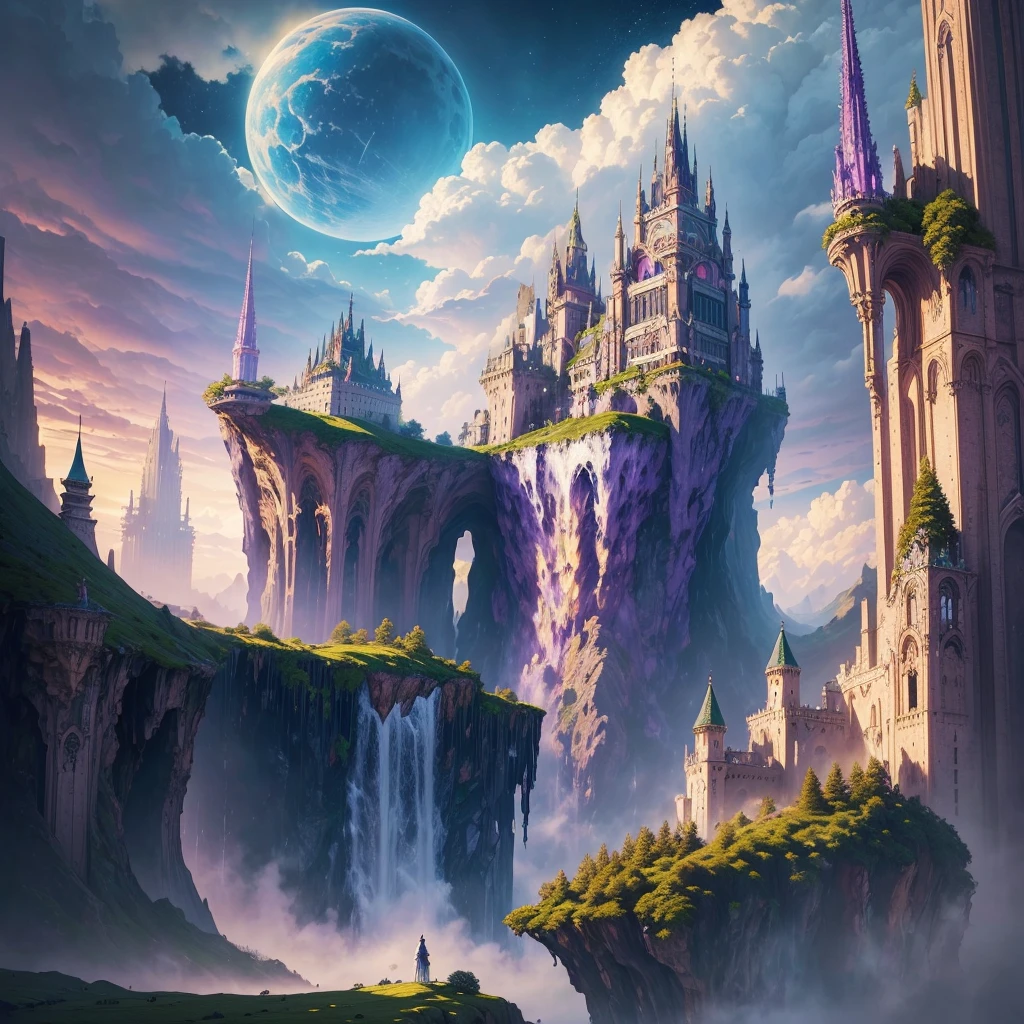 ((masterpiece)), Highest quality, (8K, Highest quality, masterpiece:1.2), Ultra-detailed, figure, Big Fantasy City, sf, Ether City, Floating city, Skyscrapers,Super huge waterfall,mysterious,Fantasy,Different world,Many planets in the sky, clouds around, Celestial architecture, Purple energy scars around, Huge castle in the center, Astral Sky