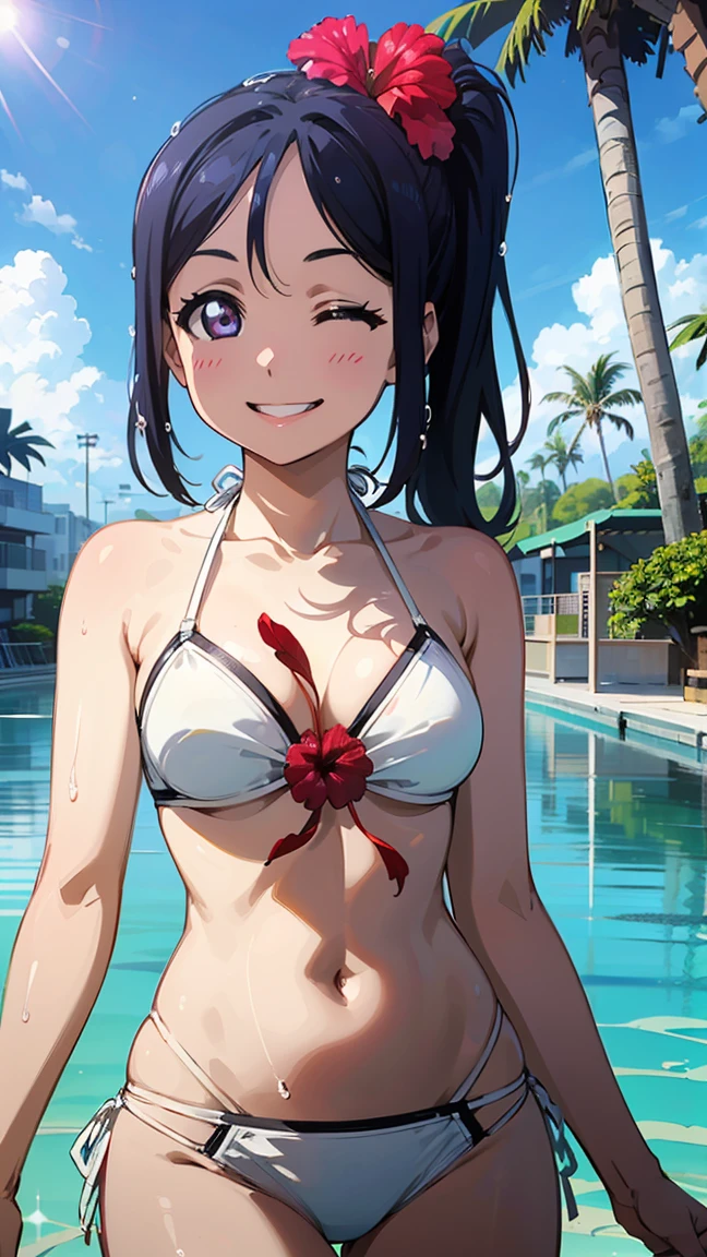 White hair band、Red eyes、Black Hair、Yor Briar、Beautiful woman swimming underwater、Dazzling Sun、smile、Splash、Angles from under water