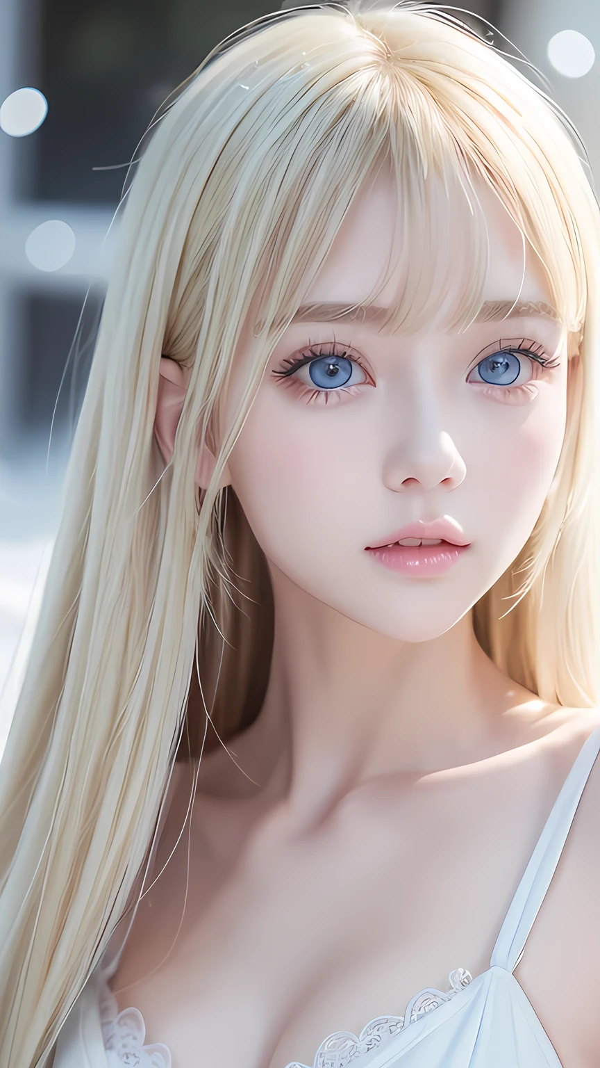 Very cute blonde girl、Very beautiful bright pale light blue large eyes、Gloss Face、Snow-white glossy skin、Cheek gloss、Super long hair、Ample Bust、Beautiful long bangs、Small Face Beauty、Very big eyes