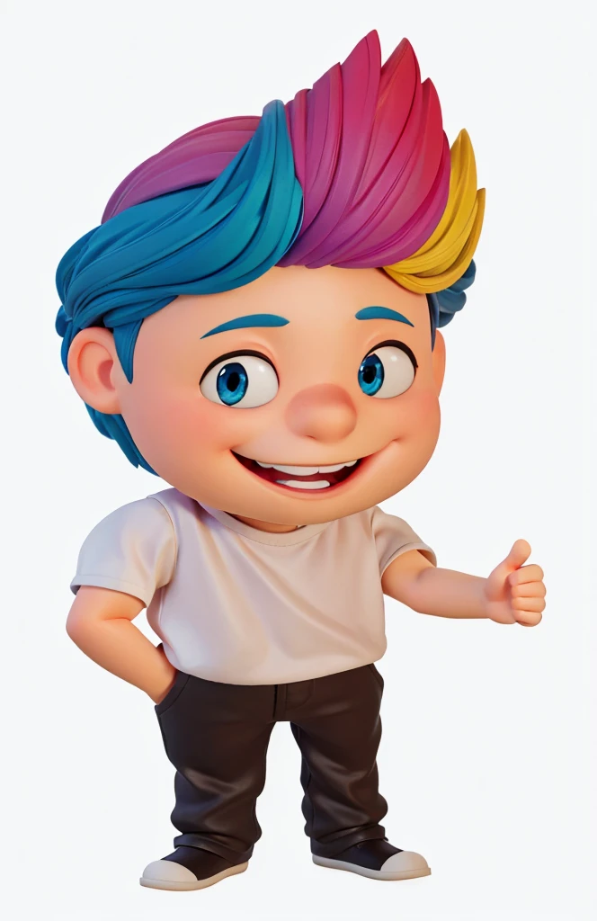 Enhance the image of a full-body 3D character by focusing on a Disney Pixar modeling style. Keep the color palette vibrant, with colorful hair, bright blue eyes, and a smile showing off your top teeth. The character's left hand should be giving the thumbs up sign, while the character's right hand is in their pocket. Ensure the final image has a polished finish with high-quality 3D rendering. The character should have a clean, detailed look, with soft shadows and realistic lighting. The final image must be rendered in 8K quality. The background can be simplified or replaced with a more neutral environment if necessary.