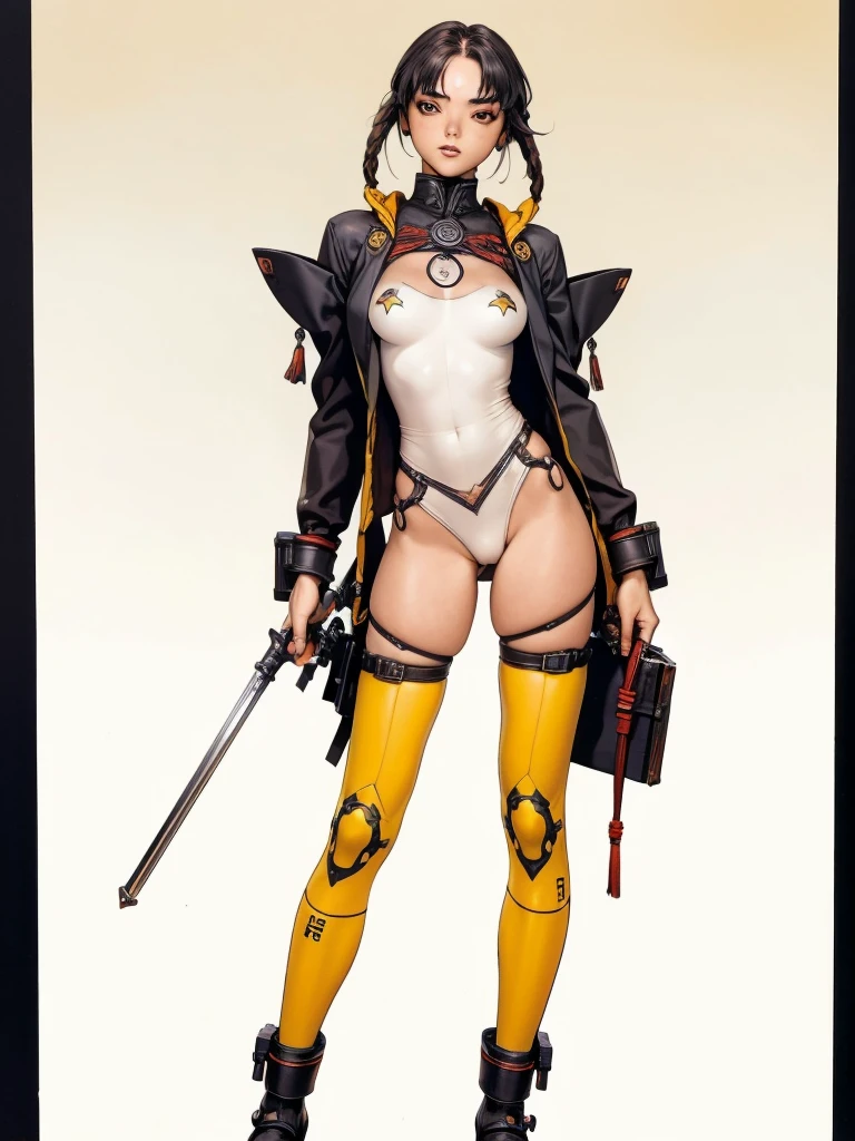 (((Yellow skin))), (((back view))), (((phoenix tattoo on back))), (((Yellow suit))), (((perfect ass))), (((black hair))), (((Hair with braids))), (((best qualityer: 1.4))), (((Afro))), (((DuneWalker))), (((post-apocalypse))), (Unbeatable masterpiece), (hiper HD),(CG 8k hyper-realistic), (((breasts big))), (((hyper feminine))), sensuous girl, (bob hair with straight bangs), ((( sculptural body ))), (((1 girl))), 20 year anime girl with perfect body, Beautiful and well-groomed face, slanted eyes, muscular body:1.2, costume with textured details in pixel art, (Head to thigh photoodern samurai pants, Complex equipment，Tight, dark clothes，With white stars and white stripes, Metal parts in armor, afro girl, (((standing alone))), pirralha violent, (((14歳))), sensuous, pose de atitude, work of art, post-apocalypse, (((manga style))), Bounty Hunter, violent, Manic, the way you want, slenderbody, thin but strong, perfectbody, roupa moderna, Advanced technology, short shorts with checkered pattern in red and black, fur collar jacket, sleeves with vertical striped pattern, neutral background