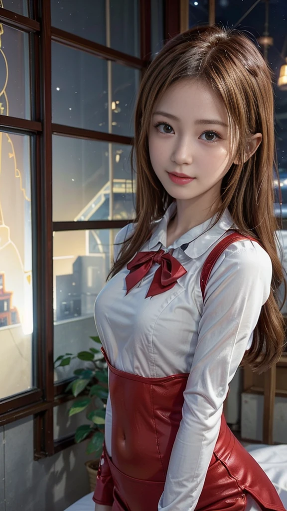 (俯瞰figure),Dynamic Angle,Super detailed, figure, close, Straight, One girl, 
 ((Soryu Asuka Langley, Interface Headset, Red bodysuit:1.4, blonde)),Her eyes shone like dream-like stars,(Glowing Eyes:1.233),(Beautiful and detailed:1.1),(Expressionless),(Are standing), Final Spell（prompt）
(masterpiece, Highest quality, Ultra-high resolution, Perfect Anatomy, Very detailed),
break,
One girl,
(, Baby Face:1.es,
Twin tails,
Blonde,
big ribbon in hair,
Idol Costumes,
break,
(Pointing),
(Full Face),
Close one eye,
Glowing Eyes,
smile,
Stage lighting,
(In a white spaceship、Mechanic room with tools and spaceship window),wariza,
(night:1.2),dream-like, [[Delicate fingers and hands:0.55]::0.85],(Finger details),