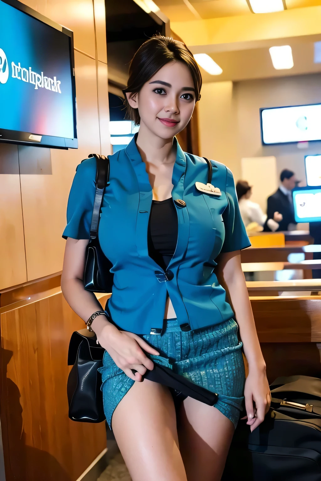 (best quality,4k,highres),ultra-detailed,realistic,cosplay, stewardess uniform, in the airport, (crowded:1.5), unbutton clothes, unbutton t-shirt, mini skirt, skirt lift up, open legs,beautiful woman,(big breasts:1.5), show nipples detailed, dark hairy pussy, pubic hair,vivid colors,portrait,soft lighting