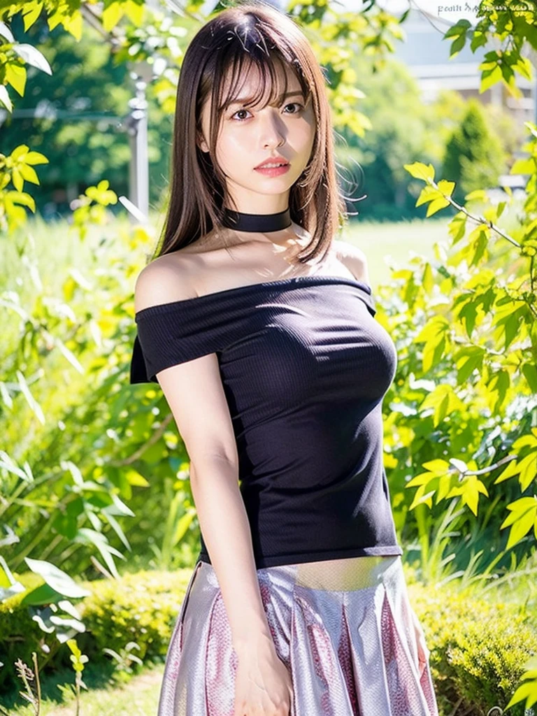 best quality, ultra high res, (photorealistic:1.4), 1girl, off-shoulder white shirt, black tight skirt, black choker, (faded ash gray hair:1), looking at viewer, Cleavage、tits