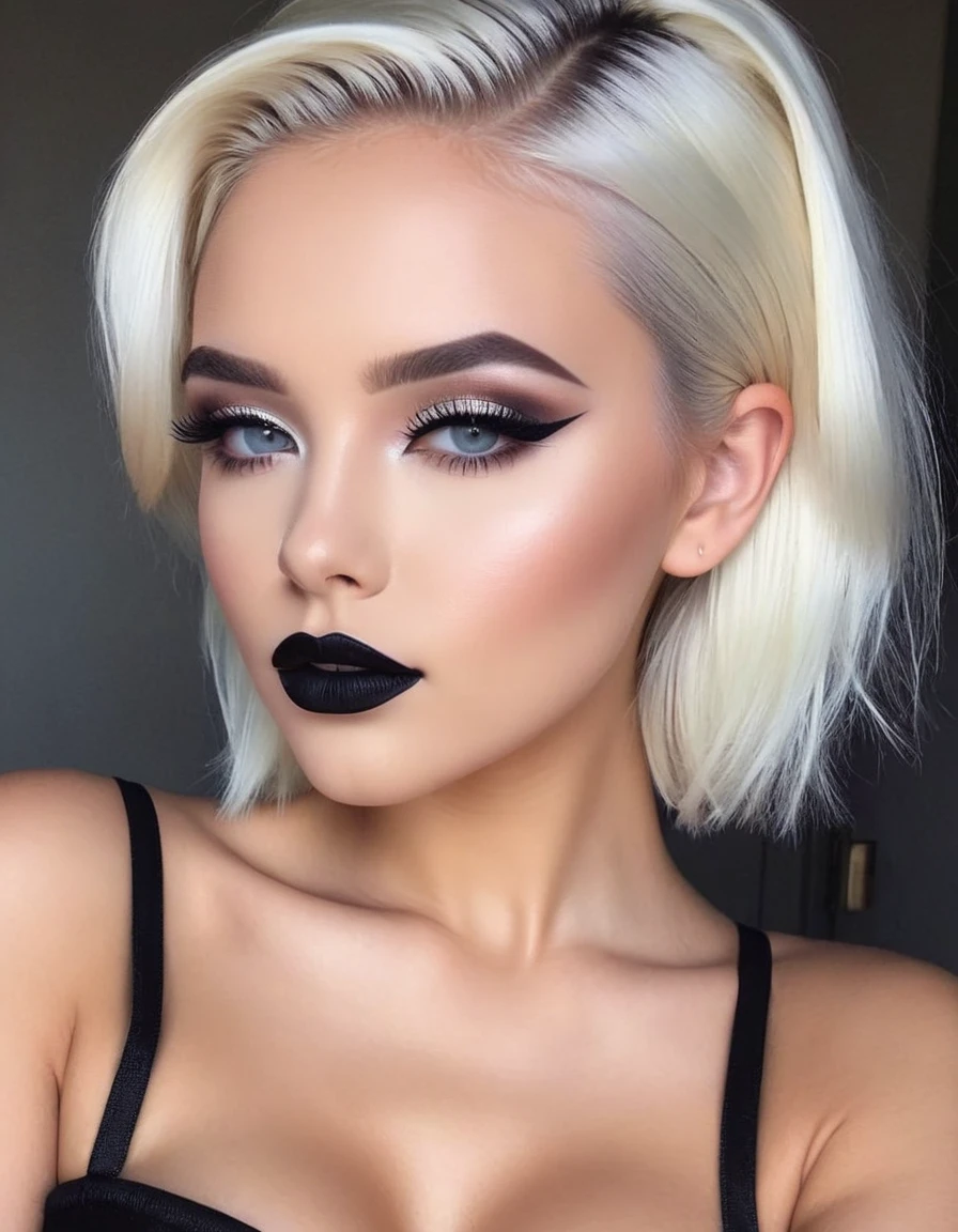 very attractive 25 year old girl, Black make-up, Black lipstick, slicked back platinum blonde hair, Detailed Face, Detailed Lips, Detailed Eyes,