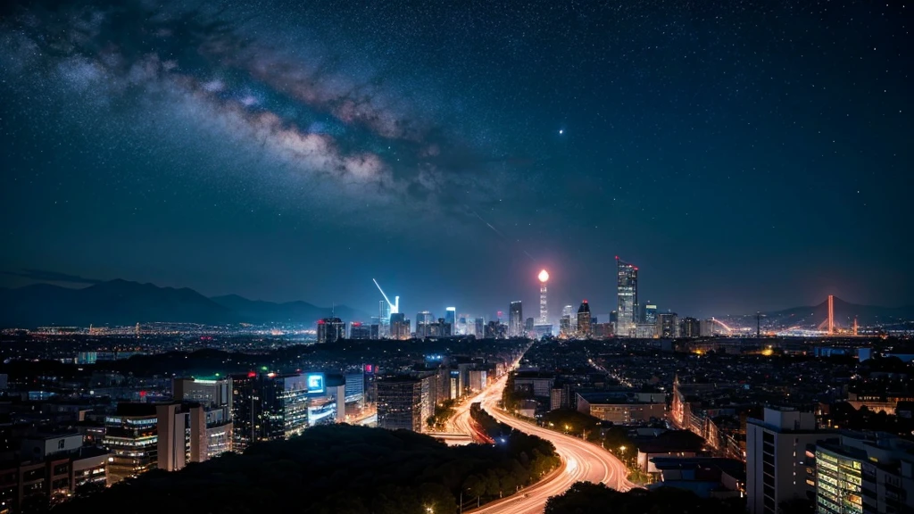 Wonderful landscape、Highest quality、Cityscape、Including sky、Starry Sky、night、Big Moon、Moonlit cityscape、building、There are no people, Makoto Shinkai's art style, 8