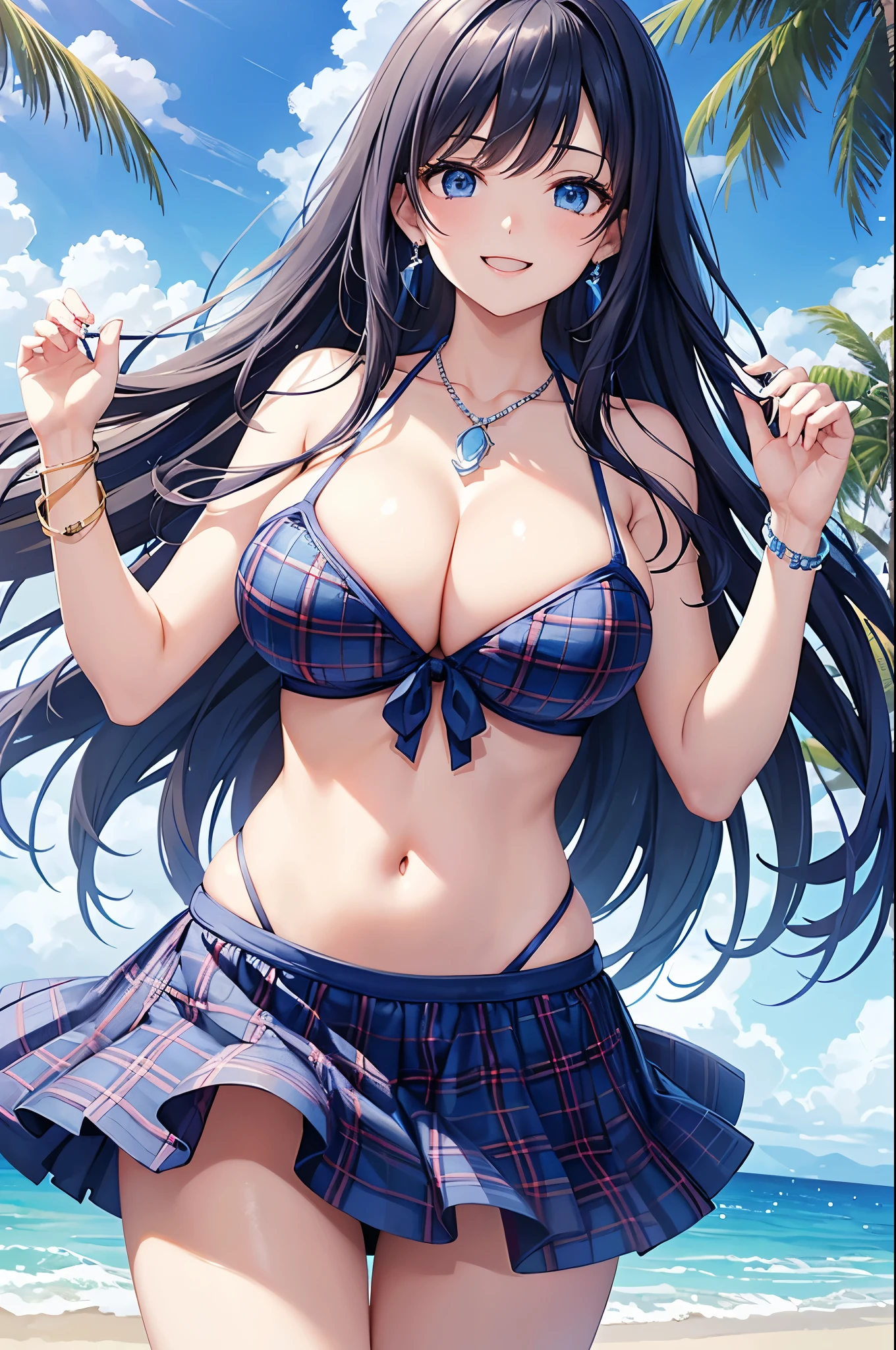 Highest quality、Highest quality、masterpiece、(8K),Beauty(Age 25)、Navy blue long hair、blue eyes、Sexy Bikini(Plaid)、Big cleavage、(Big Breasts)、smile、blue necklace、Blue Earrings、background(Beach)、Please open your mouth wide、White ribbon、bracelet、Dynamic pose