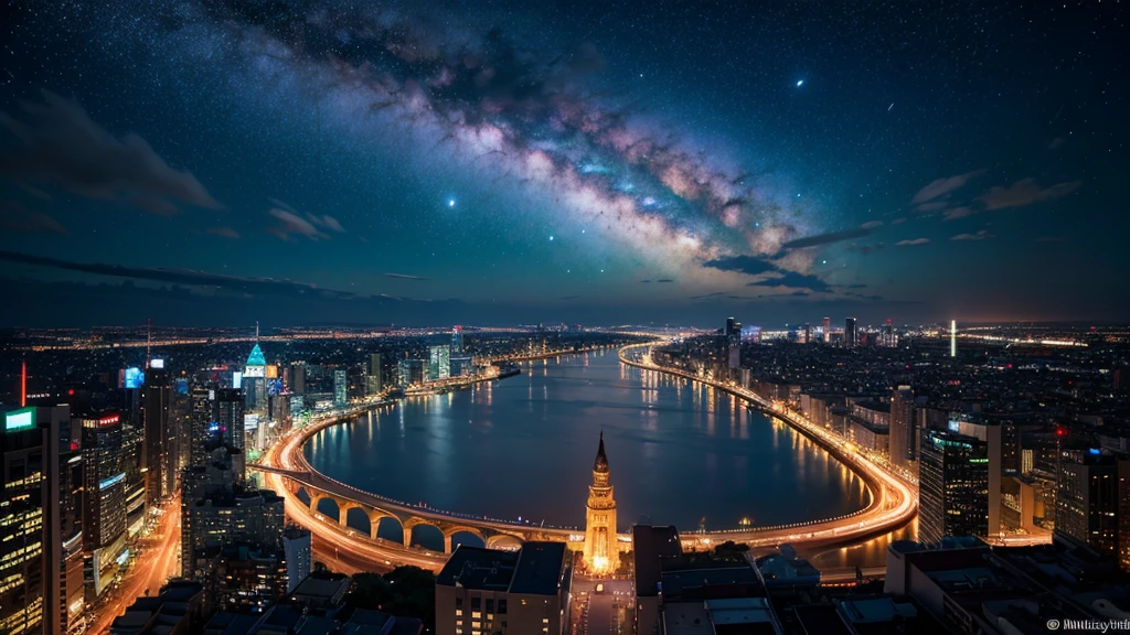 Wonderful landscape、Highest quality、Cityscape、Including sky、Starry Sky、night、Big Moon、Moonlit cityscape、building、There are no people, Makoto Shinkai's Worldview, 8K quality, Neon glows, Breathtakingly beautiful scenery,