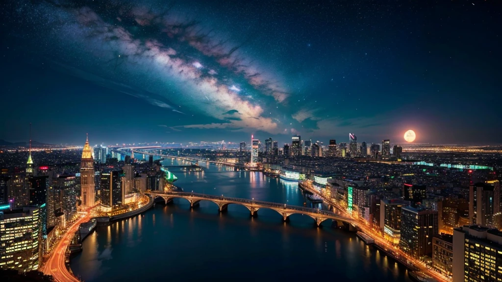 Wonderful landscape、Highest quality、Cityscape、Including sky、Starry Sky、night、Big Moon、Moonlit cityscape、building、There are no people, Makoto Shinkai's Worldview, 8K quality, Neon glows, Breathtakingly beautiful scenery,