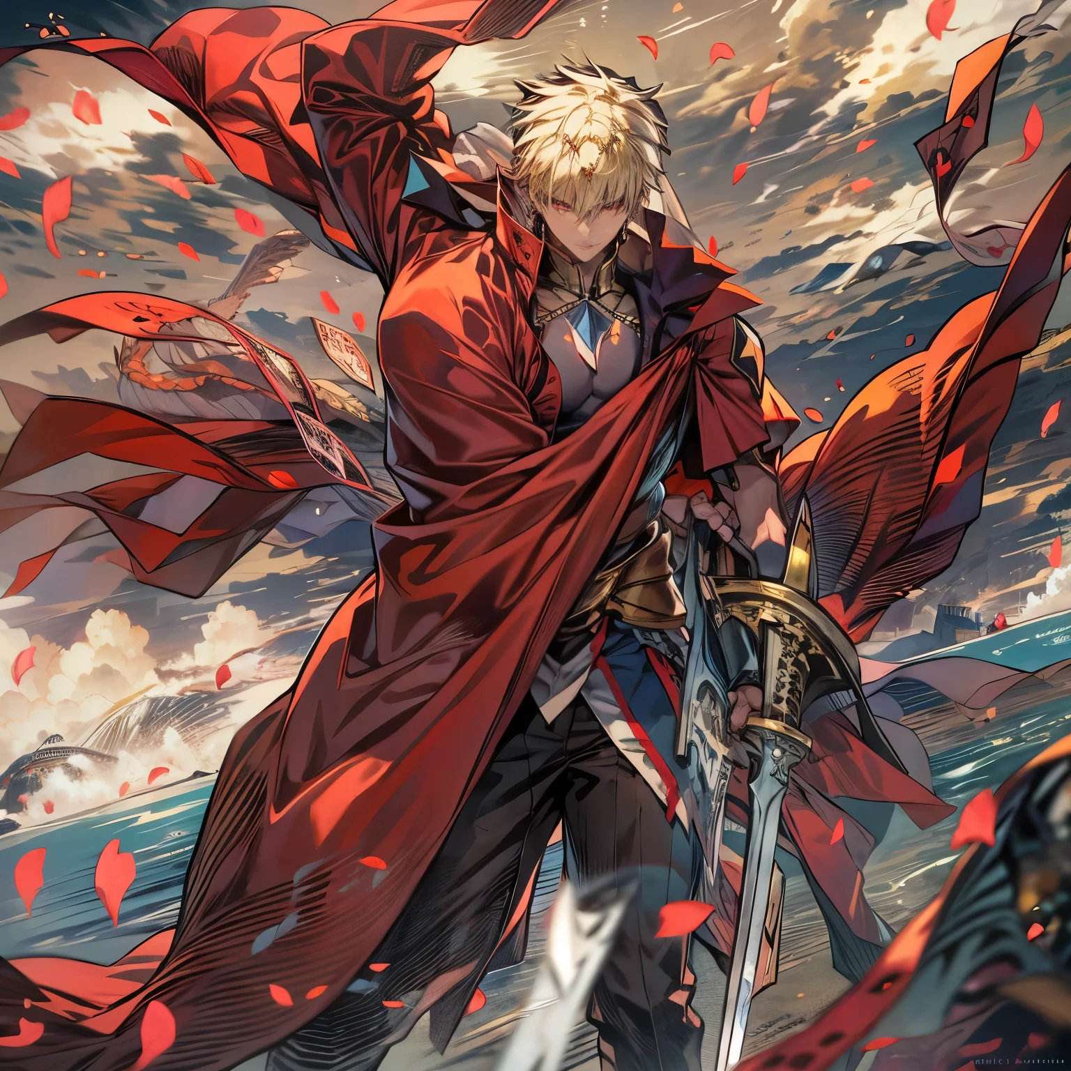 8K, Mouthpiece, ((One Beautiful Man)),((Fate Stay Night Drawing)), Gilgamesh Male Solo, emperor, whole body, Fighting on a desolate hilltop, Visibility is poor due to dust, ((One Beautiful Man)), ((Red eyes)), Long Hair, Blonde, Wrap a turban on your head, (Background: Countless swords floating in the air, all facing the same direction, Many types of swords),
