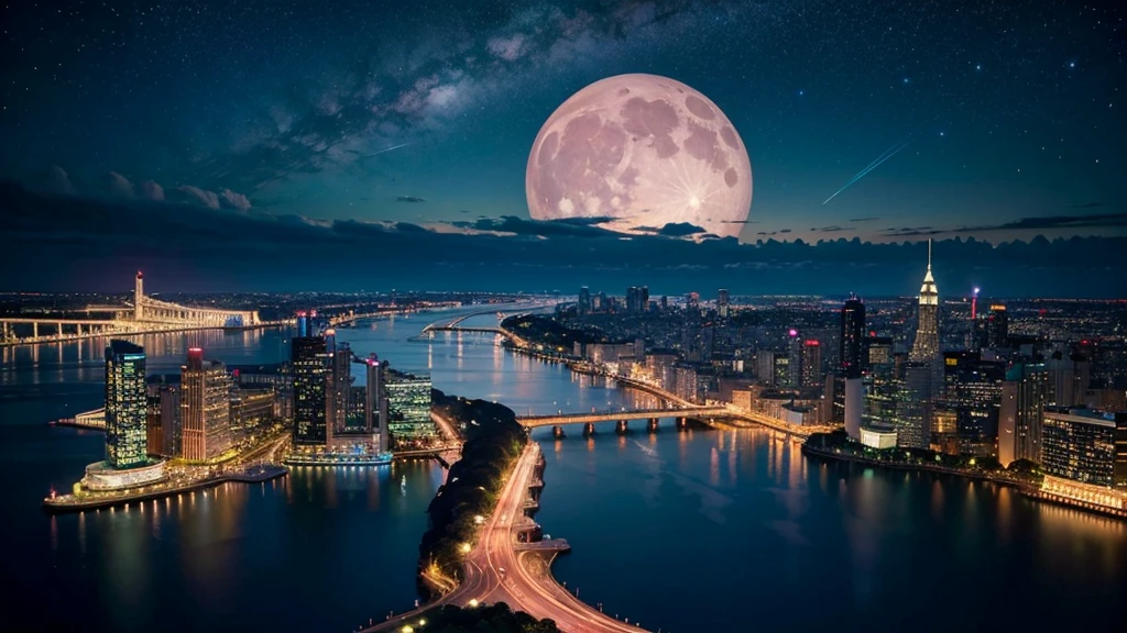 Wonderful landscape、Highest quality、Cityscape、Including sky、Starry Sky、night、Big Moon、Moonlit cityscape、building、There are no people,　Makoto Shinkai&#39;s art style, 8