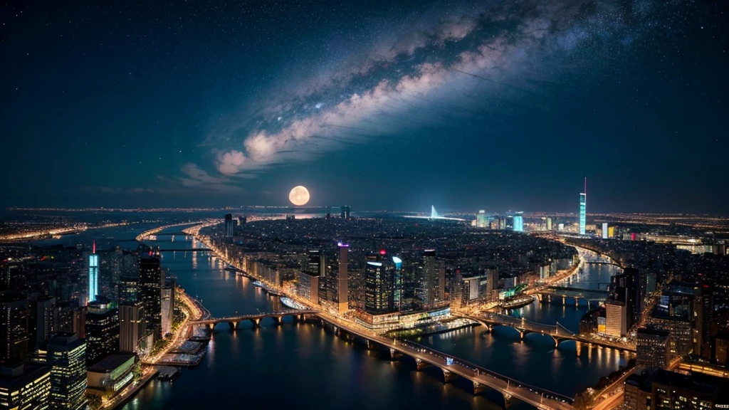 Wonderful landscape、Highest quality、Cityscape、Including sky、Starry Sky、night、Big Moon、Moonlit cityscape、building、There are no people, Makoto Shinkai's Worldview, 8K quality, Neon glows, Breathtakingly beautiful scenery,